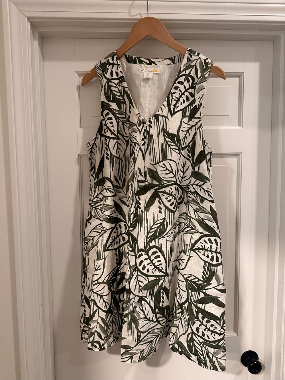 C&C California Dress White with olive green Leaf print